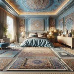 Example of a king bed with a rug underneath.