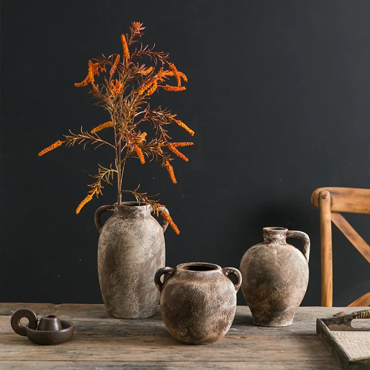 Ceramic Vase Retro Wabi Sabi Pottery Handmade Distressed Flower Vase Plant Container for Entryway Dining Room Bookshelf Rustic - Image 1