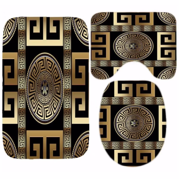 Luxury Black Gold Greek Key Meander Border Bath Rug Set Modern Geometric Ornate Bathroom Door Mat for Toilet Floor Carpet Decor