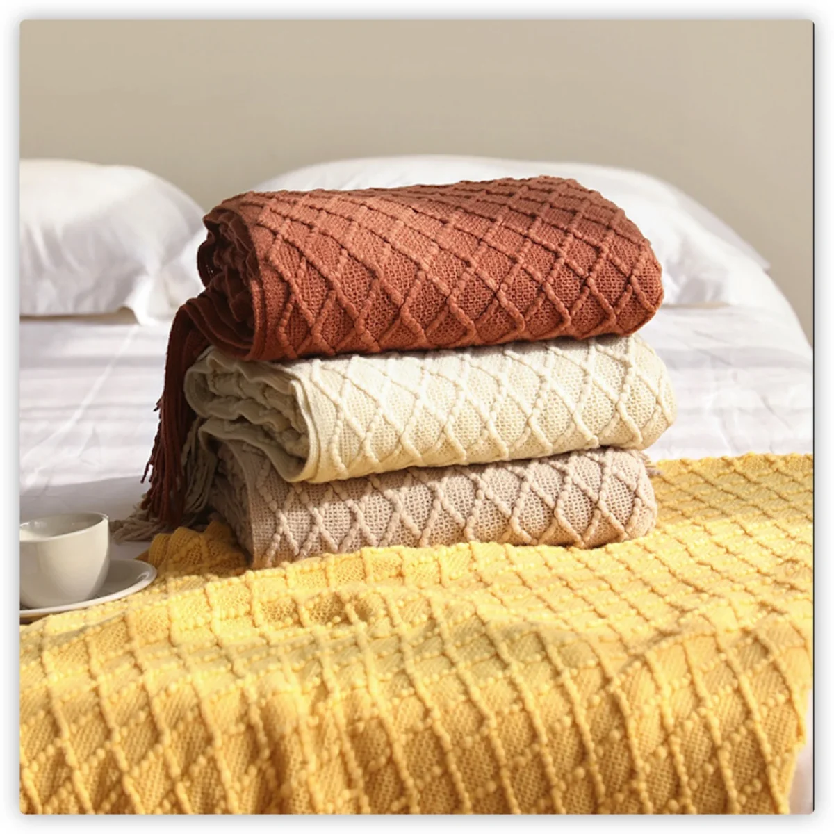 Textile City Faux Cashmere Sofa Blanket Cover Nordic Style Knit Plaid Throw Tassels Bedspread Golden Blanket For Spring Summer - Image 1