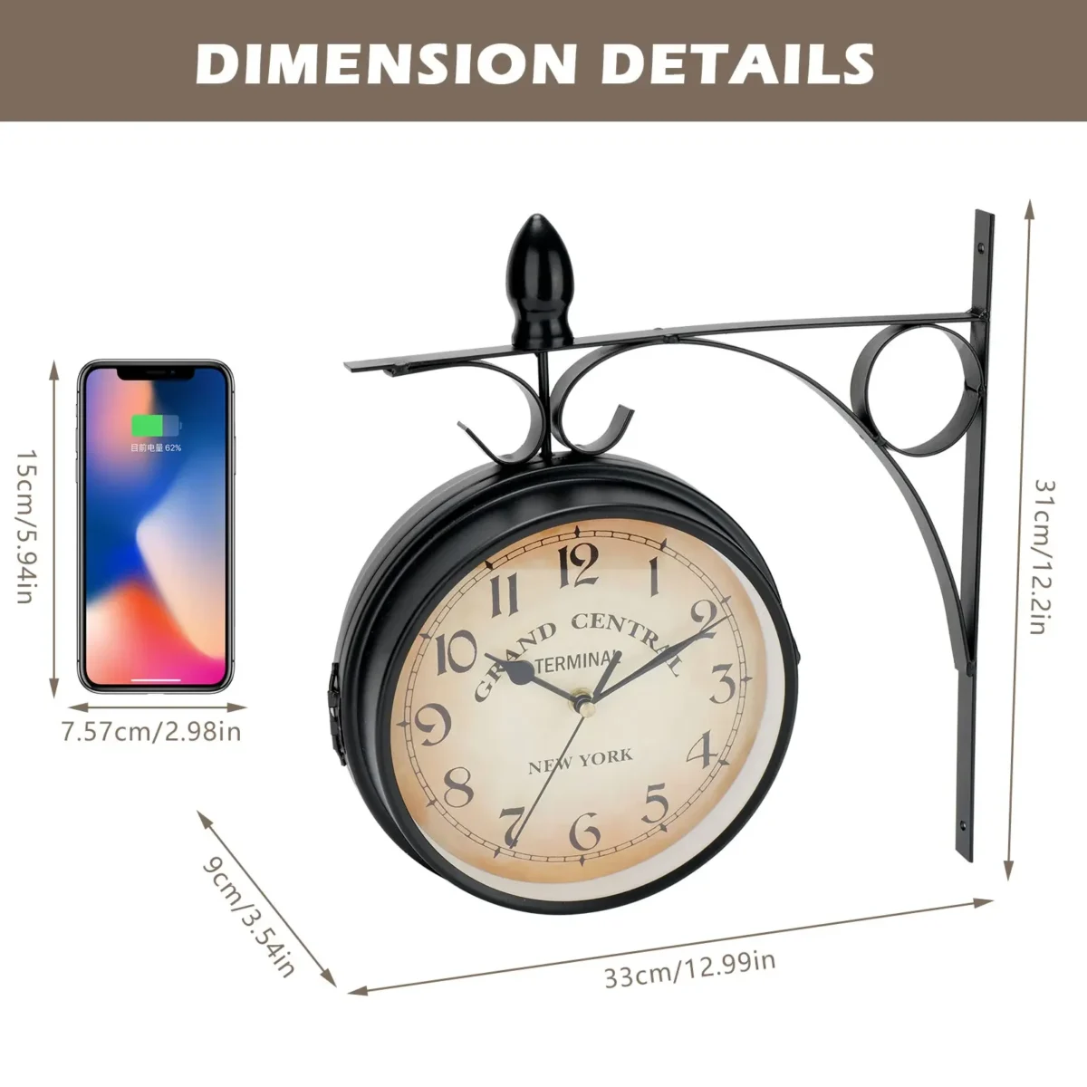 Double Sided Train Station Waterproof Wall Clock For Garden Retro Wrought Iron Metal Wall Clock Silent Indoor Outdoor Decoration - Image 5