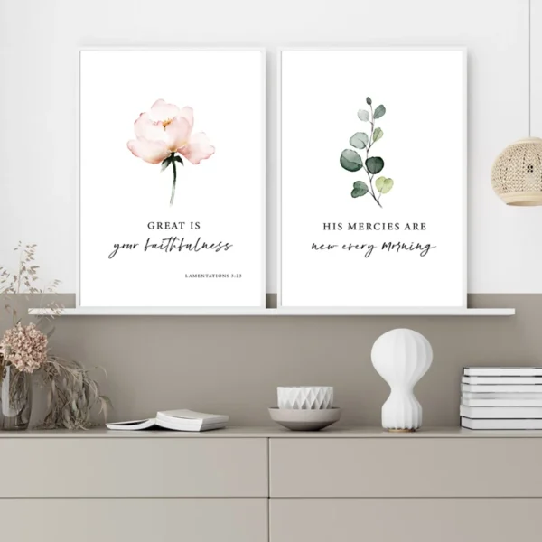 Lamentations 3:23 Bible Verse Watercolor Flowers Canvas Painting Scripture Quotes Posters Wall Art Pictures Bedroom Home Decor
