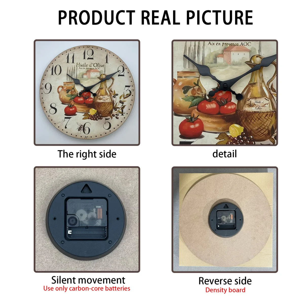 Retro Provence Olive Oil and Tomato Pattern Wooden Wall Clock Living Room Bedroom Kitchen Home Decoration Wall Clock Silent Quartz Clock Holiday Gift 10 Inches 12 Inches 14 Inches 16inch (Without Batteries) - Image 4