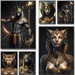 Ancient Egyptian Mythology Catwoman Anubis Golden Sculpture Art Canvas Painting Vintage Animal Wall Poster Print Room Home Decor