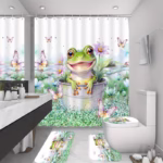 1/4pcs Frog Shower Curtain Set, Floral Butterflies Shower Curtain With 12 Hooks, Non-Slip Bathroom Rug, Toilet U-Shape Mat, Toil - Image 2