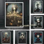 Gothic Dark College Style Evil Witchcraft Doll Canvas Print Skeleton Ghost Horror Posters Painting Wall Art Gallery Home Decor