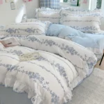 4pcs Korean lace Duvet Cover Set (1*Duvet Cover +1 flat sheet + 2*Pillowcase, Without Core), Fresh Flower Print Bedding Set