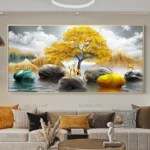 Chinese Feng Shui Golden Rich Tree Canvas Painting Wall Art Deer Landscape Lucky Stone Posters Wall Art for Living Room Decor - Image 3