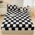 WOSTAR Soft warm plush mattress protector cover winter couple 2 people black white plaid elastic fitted sheet bed protection pad - Image 6