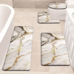 3 Piece Gold Marble Bathroom Set - Non-slip Toilet Seat + U-Shaped Mat, Luxury White Marble Pattern Bathroom Decor