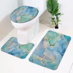 A blue marble toilet multi piece set that can be assembled or purchased as a single toilet seat, floor mat, U-shaped mat