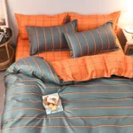 Striped Grey Duvet Cover Twin Queen Size Reversible Neutral Orange Plaid Quilt Cover Geometric Bedding Set Microfiber 3 Pcs Set - Image 4