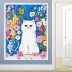 Modern Art Blue And White Porcelain Vase Blooming Flowers And White Kitten Harmony Poster Dreamy Canvas Painting Room Home Decor - Image 3