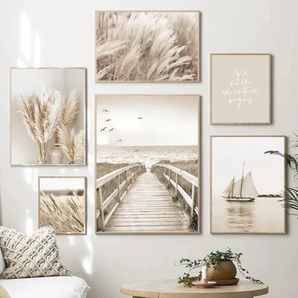 Beige Flower Grass Scenery Wall Art Pictures Canvas Painting Bohemia Beach Landscape Posters Prints Nordic Modern Home Decor