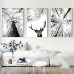 Scandinavian Black and White Tree Branch Print Hunting Posters Deer Antlers Wall Art Woodland Tree Canvas Painting Home Decor - Image 2