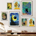 Abstract Black Cat Knocks Van Gogh Sunflower Funny Poster Graffiti Art Background Wall Canvas Painting Decorative Print Picture - Image 2
