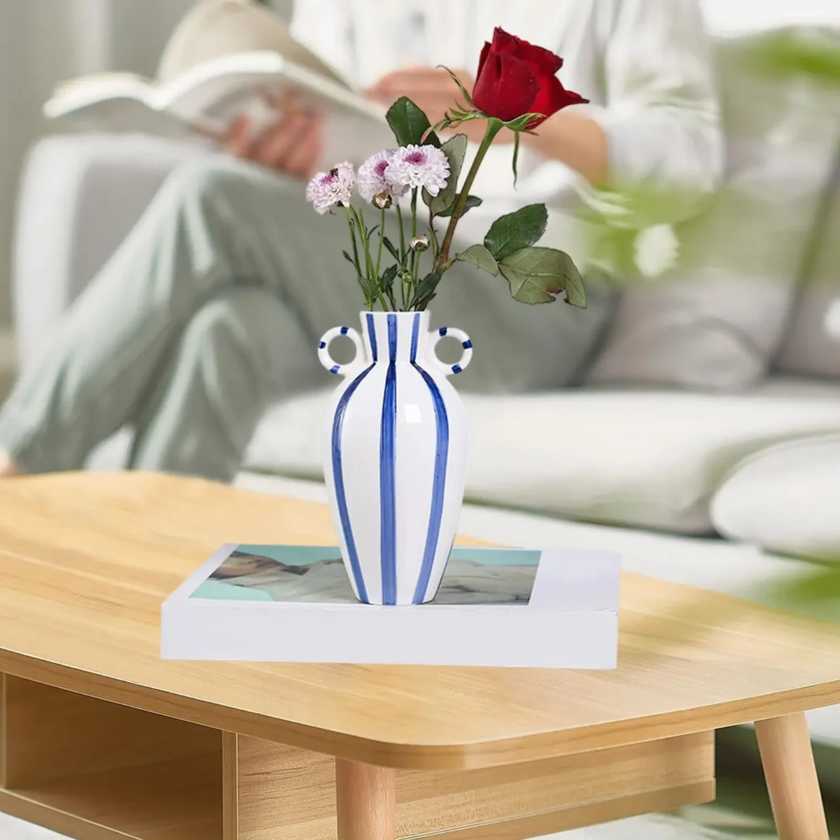 Boho Ceramic Vase Flower Arrangement Display for Kitchen Farmhouse Indoor - Image 4