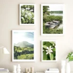 Green Leaf Boat Flower Forest Mountain Waterfall Posters And Prints Canvas Painting Wall Art Pictures For Living Room Decor - Image 2