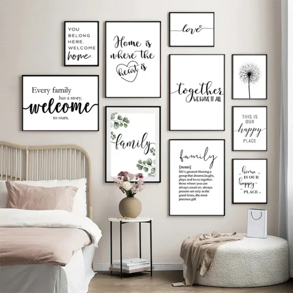Happy Family Quote Wall Art Black White Posters Love Heart Prints Nordic Minimalist Picture Canvas Painting Living Room Decor
