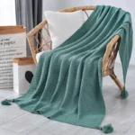 Elegant Knitted Tassel Throw Blanket in Solid Beige & Grey 130 x170 cm - Image 3