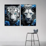 Animals Posters Tiger, Lion with Blue Flowers Decorative Painting Blue Floral Canvas Prints for Living Room Wall Decor Unframe - Image 3