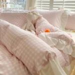 4pcs Korean lace Duvet Cover Set (1*Duvet Cover +1 flat sheet + 2*Pillowcase, Without Core), Pink checkered print Bedding Set - Image 6