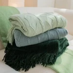 Cozy Khaki Knitted Blanket with Stylish Tassels for All Seasons - Image 4
