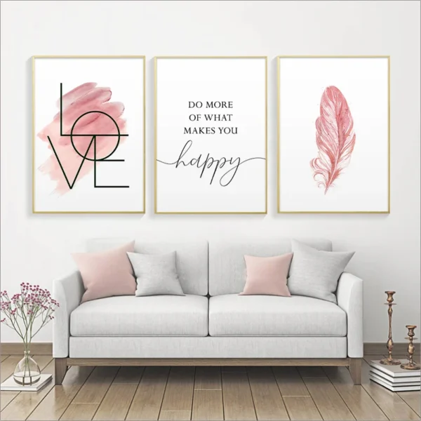 Blush Pink Feather Canvas Painting Inspirational Quote Posters and Prints Love Sign Wall Art Picture for Girls Room Home Decor