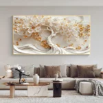 Abstract White Flower Tree Landscape Posters Golden Tree Wall arts Modern Wall Decor for Living Room Wall Art Decor, No Frame