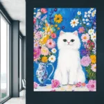 Modern Art Blue And White Porcelain Vase Blooming Flowers And White Kitten Harmony Poster Dreamy Canvas Painting Room Home Decor - Image 5