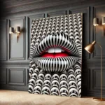 Surreal Optical Illusion Black And White Lines Red Lips Art Poster Abstract 3d Glossy Red Lips Canvas Painting Modern Home Decor - Image 2
