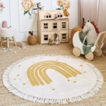 Round Fluffy Carpet For Living Room With Tassels,White Hairy Nursery Play Mat For Children,Soft Plush Bedroom Rugs For Kids - Image 4