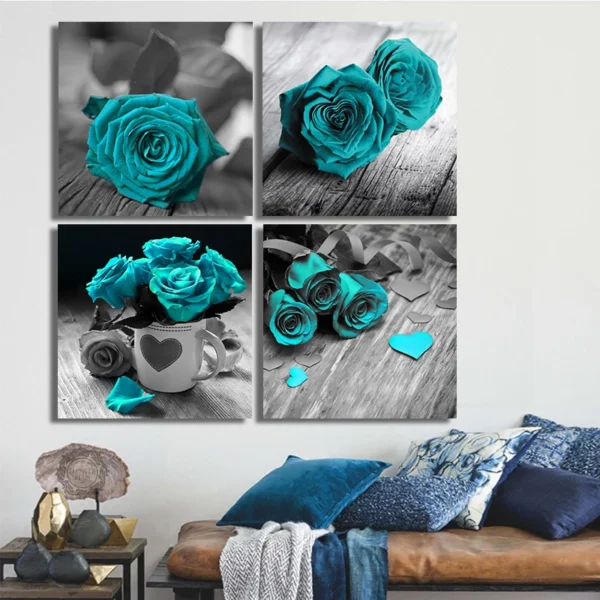 Vintage Teal Turquoise Wall Art Rose Flower Canvas Prints Pictures Romantic Love Posters for Bedroom Living Room Decor Cuadros