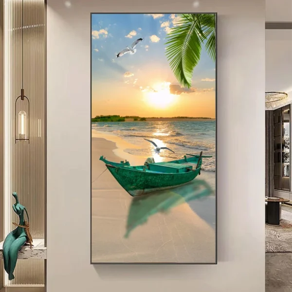 Nordic Simple Seaside Boat Scenery HD Pictures Beach Sunset Canvas Painting Wall Art seascape Posters Porch Wall Decor No Frame
