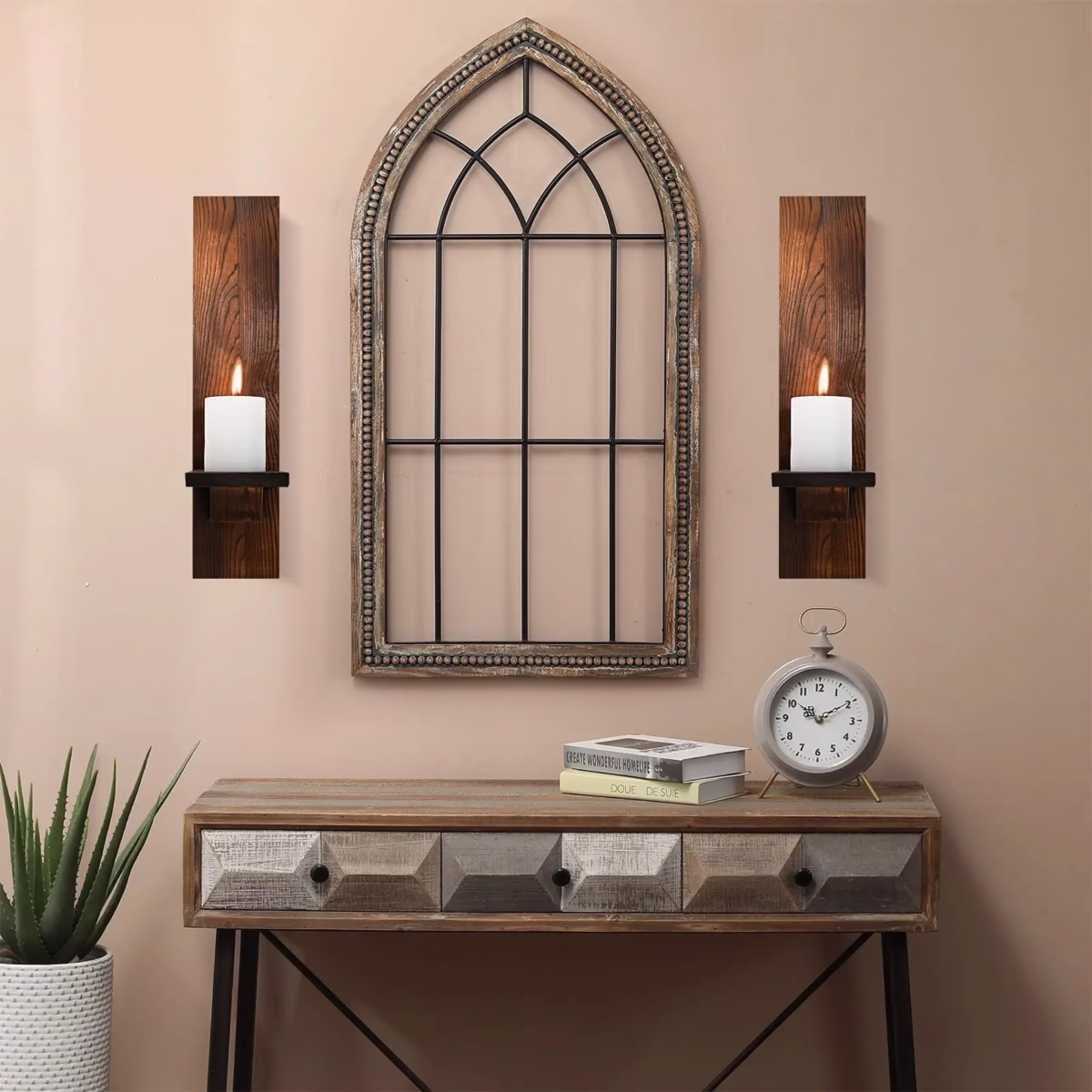 Set of 2 Wooden Wall Candle Sconces Rustic Wall Mount Wood Pillar Candle Sconces for Living Room Vintage Wall Candle Holders - Image 4