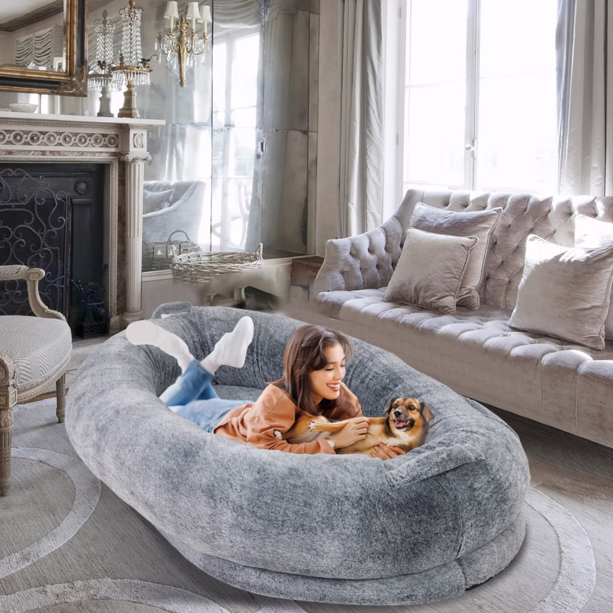 Large Human Dog Bed 66"x43"x17" Human-Sized Big Dog Bed for Adults&Pets Giant Beanbag Bed with Washable Fur Cover and Blanket - Image 4