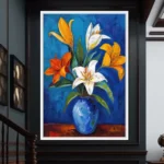 Modern Art Blue Background Tulips Bouquet Canvas Painting Colorful Lilies In Vase Posters Print Living Room Home Aesthetic Decor