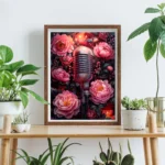Modern Music Elements Pink Flowers And Acoustic Guitar Aesthetic Poster Print Microphone Vinyl Record Canvas Painting Home Decor - Image 2
