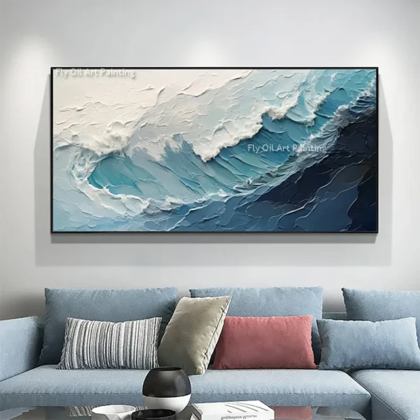 Large White Blue Seawave Knife Thick Oil Painting Handmade Beige Beach Canvas Painting Modern Wall Art Sea Artwork For Decor