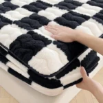 WOSTAR Soft warm plush mattress protector cover winter couple 2 people black white plaid elastic fitted sheet bed protection pad - Image 4