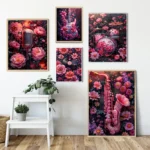 Modern Music Elements Pink Flowers And Acoustic Guitar Aesthetic Poster Print Microphone Vinyl Record Canvas Painting Home Decor