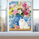 Modern Art Blue And White Porcelain Vase Blooming Flowers And White Kitten Harmony Poster Dreamy Canvas Painting Room Home Decor - Image 2
