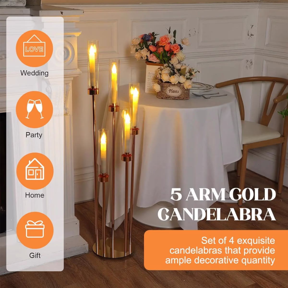 Floor Candelabra 5 Arm 42.5'' Tall Gold Candle Holder, Candelabra Centerpieces for Tables, Metal Candlestick Set with Acry - Image 5