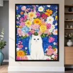 Modern Art Blue And White Porcelain Vase Blooming Flowers And White Kitten Harmony Poster Dreamy Canvas Painting Room Home Decor