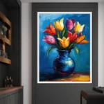 Modern Art Blue Background Tulips Bouquet Canvas Painting Colorful Lilies In Vase Posters Print Living Room Home Aesthetic Decor - Image 3