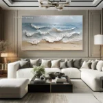 Large White Blue Seawave Knife Thick Oil Painting Handmade Beige Beach Canvas Painting Modern Wall Art Sea Artwork For Decor - Image 6