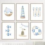 Sailboat Lighthouse Fish Nautical Nursery Posters And Prints Canvas Painting Nordic Wall Art Pictures Baby Kids Room Home Decor - Image 2