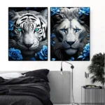 Animals Posters Tiger, Lion with Blue Flowers Decorative Painting Blue Floral Canvas Prints for Living Room Wall Decor Unframe