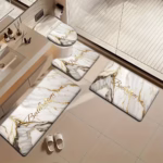 3 Piece Gold Marble Bathroom Set - Non-slip Toilet Seat + U-Shaped Mat, Luxury White Marble Pattern Bathroom Decor - Image 2