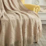 Cozy Khaki Knitted Blanket with Stylish Tassels for All Seasons